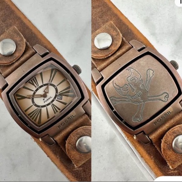 Fossil Other - Vintage Fossil Skull Dial Brown Leather Watch